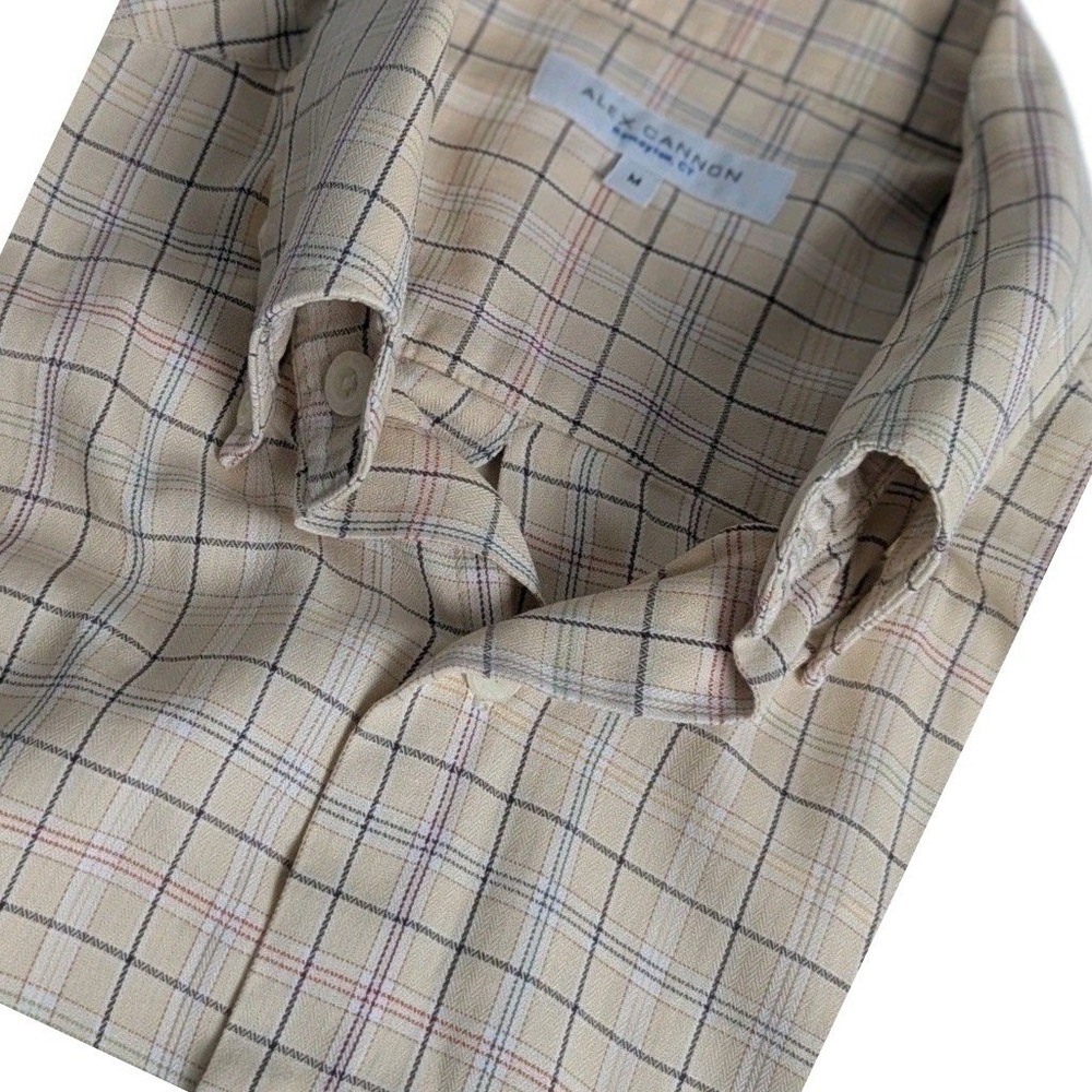 Alex Cannon Mens Tattersall Plaid Button Down Shirt Beige Tan 100% Cotton Medium